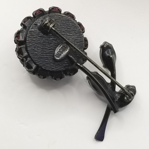 Warner Vintage Cherry Brooch Pin Japanned Rhinestone Black Back Fruit 3D Red - Picture 12 of 15